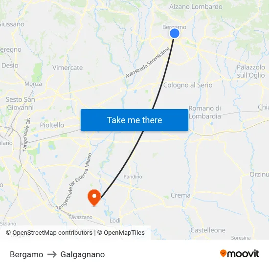 Bergamo to Galgagnano map