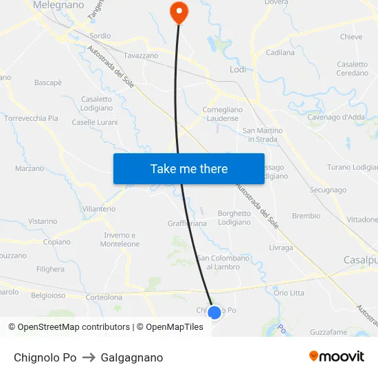 Chignolo Po to Galgagnano map