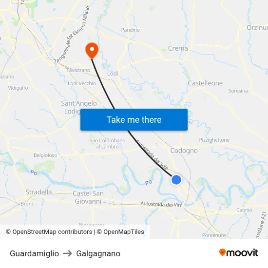 Guardamiglio to Galgagnano map