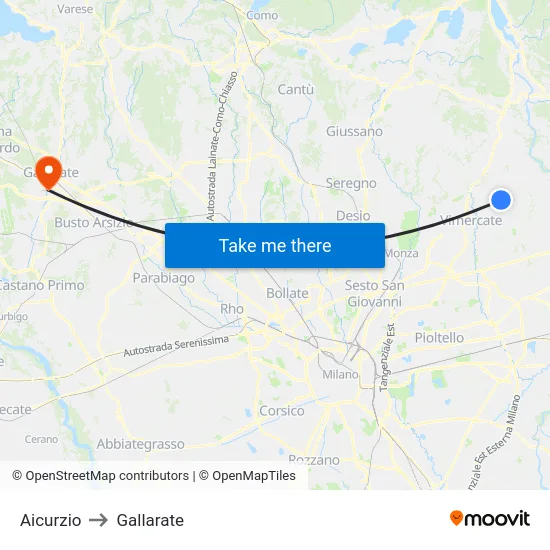 Aicurzio to Gallarate map