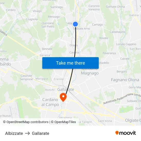 Albizzate to Gallarate map