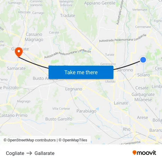 Cogliate to Gallarate map