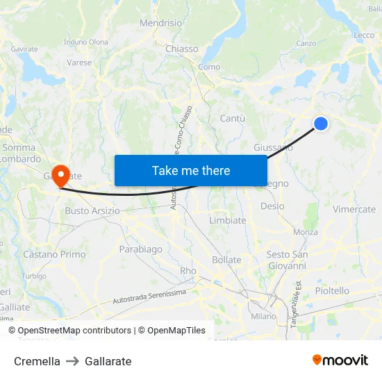 Cremella to Gallarate map