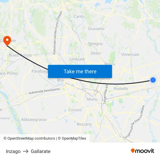 Inzago to Gallarate map
