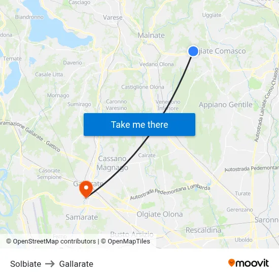 Solbiate to Gallarate map