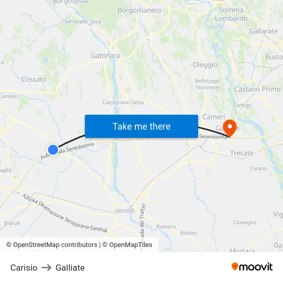 Carisio to Galliate map