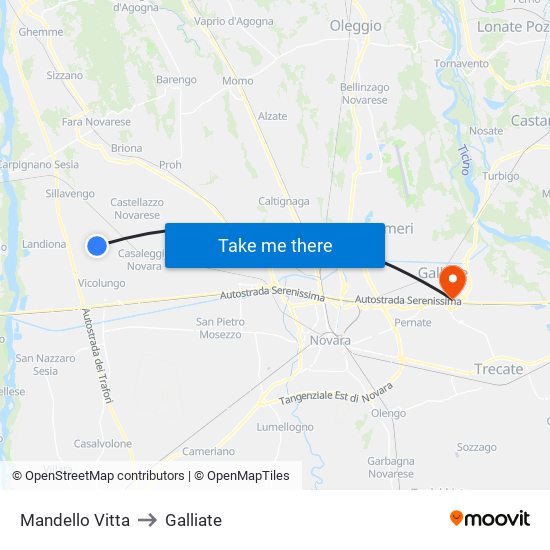 Mandello Vitta to Galliate map