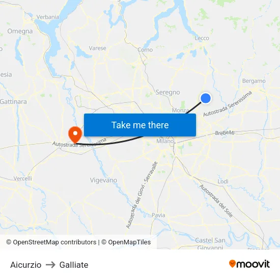 Aicurzio to Galliate map