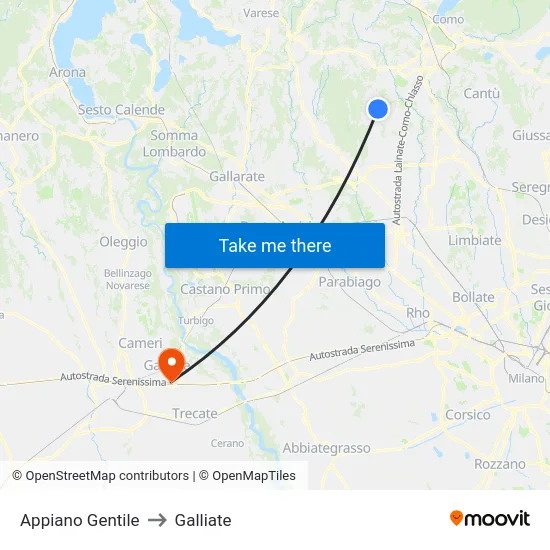 Appiano Gentile to Galliate map