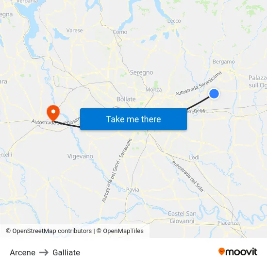 Arcene to Galliate map