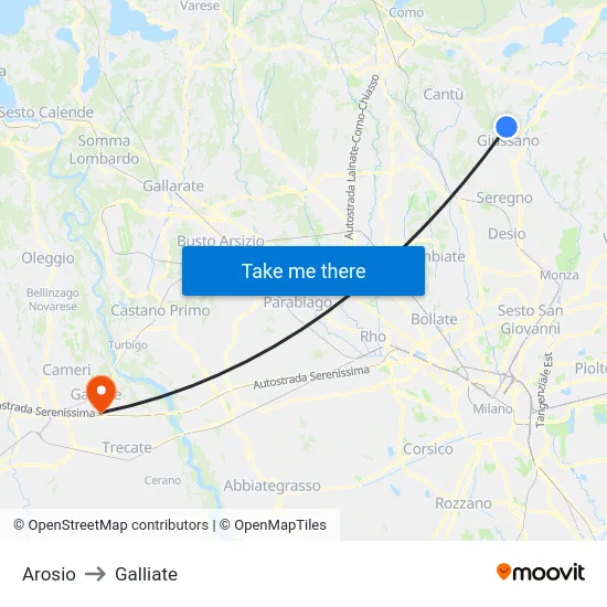 Arosio to Galliate map