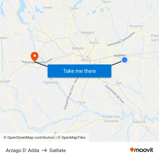 Arzago d'Adda to Galliate map