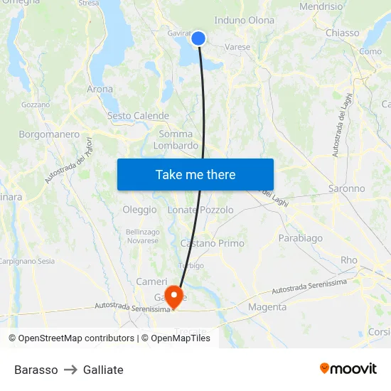 Barasso to Galliate map