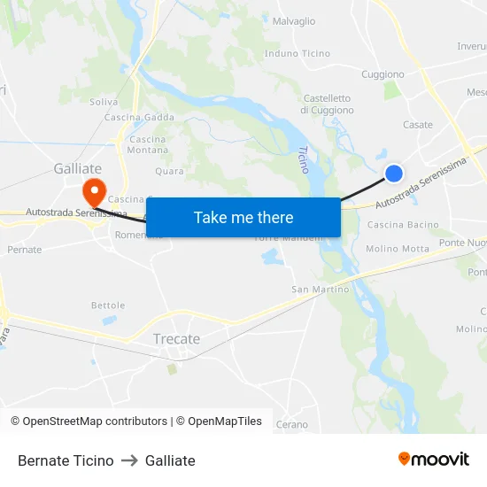 Bernate Ticino to Galliate map