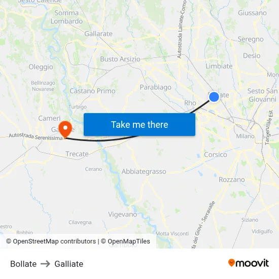 Bollate to Galliate map