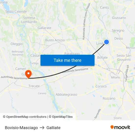 Bovisio-Masciago to Galliate map