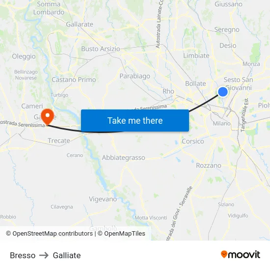 Bresso to Galliate map