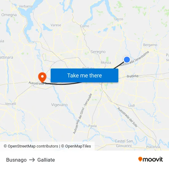 Busnago to Galliate map