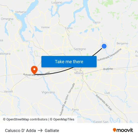 Calusco d'Adda to Galliate map