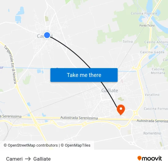 Cameri to Galliate map