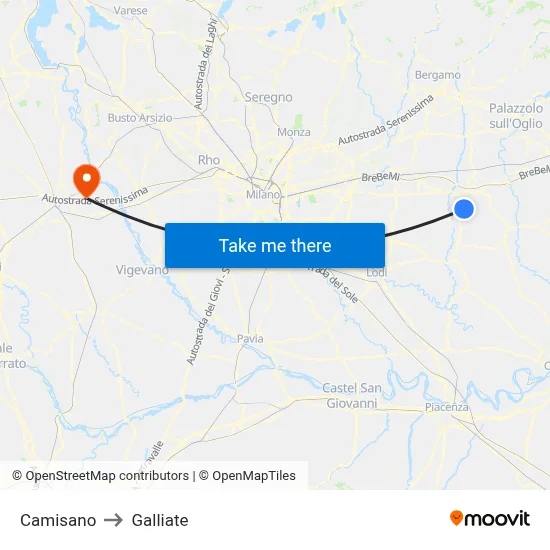 Camisano to Galliate map