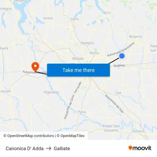 Canonica d'Adda to Galliate map