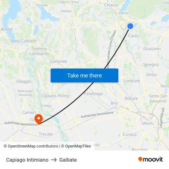 Capiago Intimiano to Galliate map