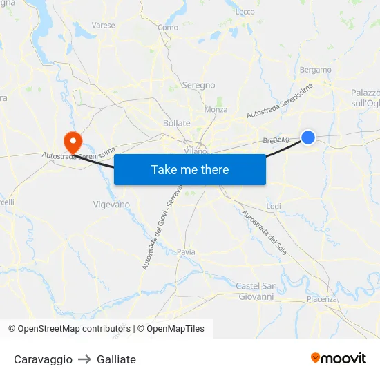 Caravaggio to Galliate map
