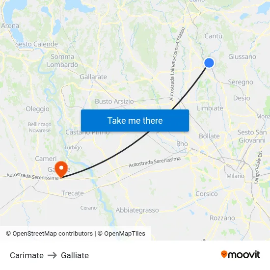 Carimate to Galliate map