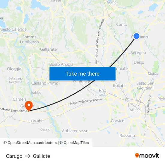 Carugo to Galliate map