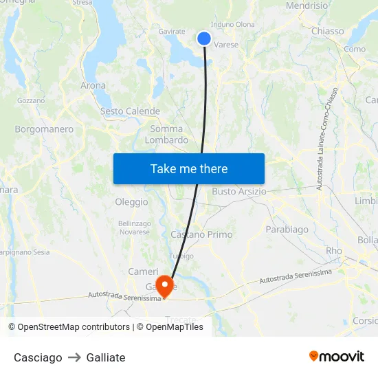 Casciago to Galliate map