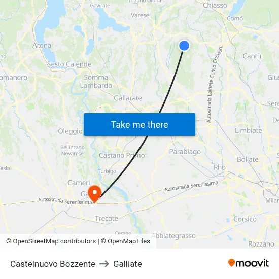 Castelnuovo Bozzente to Galliate map