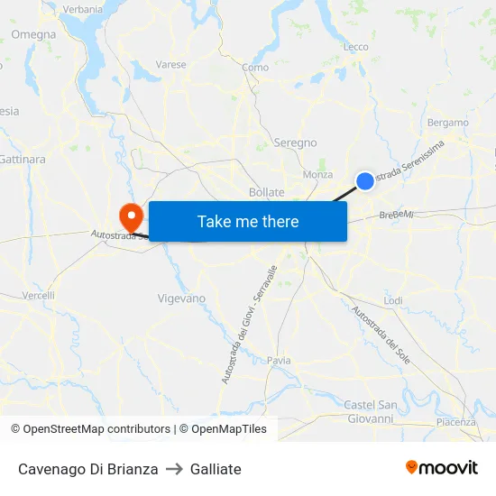Cavenago Di Brianza to Galliate map