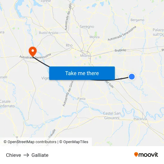 Chieve to Galliate map
