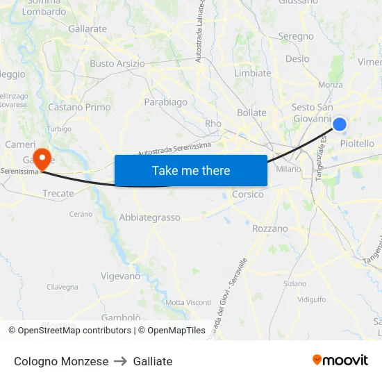 Cologno Monzese to Galliate map