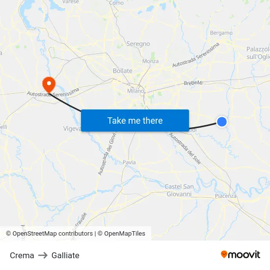 Crema to Galliate map