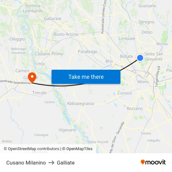 Cusano Milanino to Galliate map