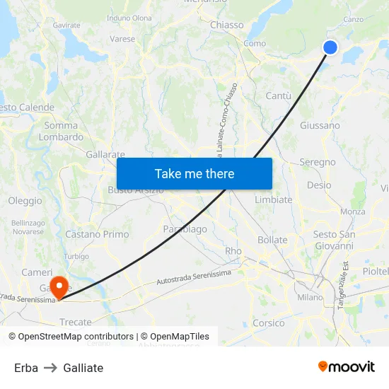 Erba to Galliate map