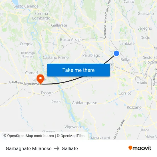 Garbagnate Milanese to Galliate map