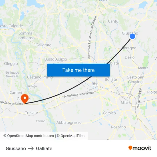 Giussano to Galliate map