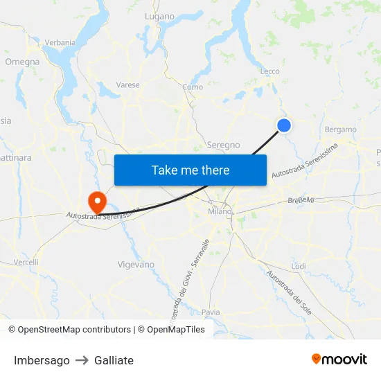Imbersago to Galliate map