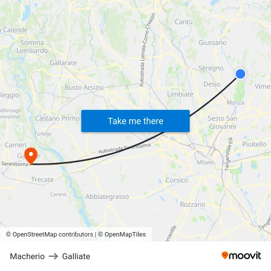 Macherio to Galliate map