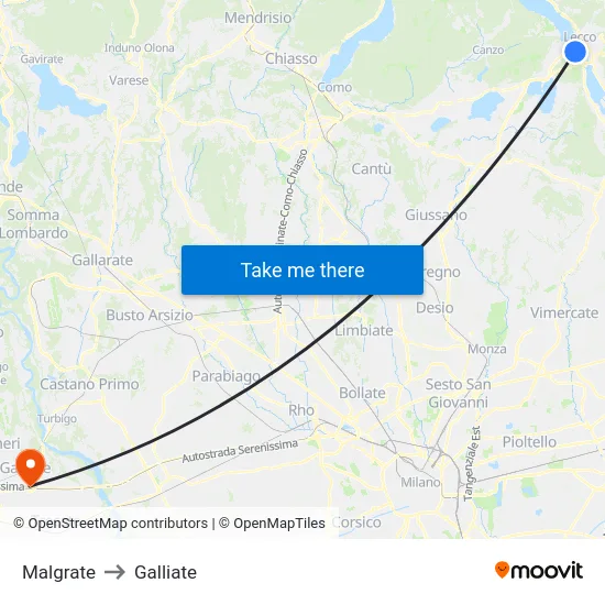 Malgrate to Galliate map