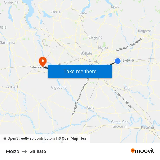 Melzo to Galliate map