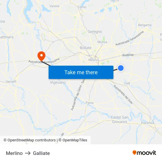 Merlino to Galliate map