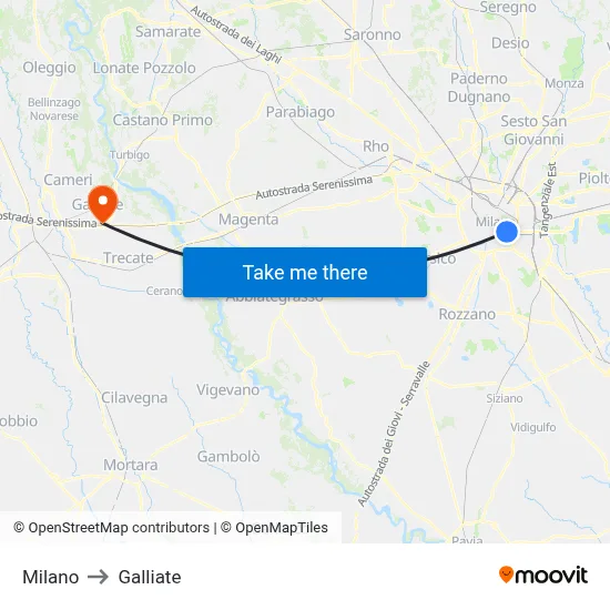 Milan to Galliate map