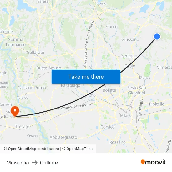 Missaglia to Galliate map