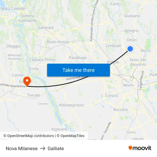 Nova Milanese to Galliate map
