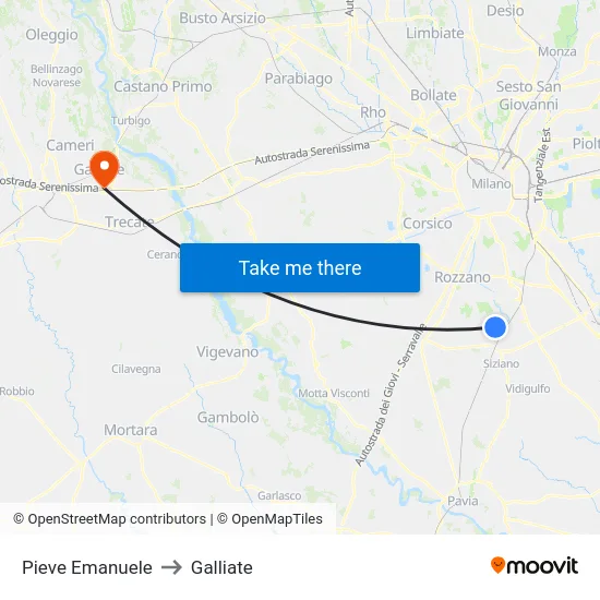 Pieve Emanuele to Galliate map