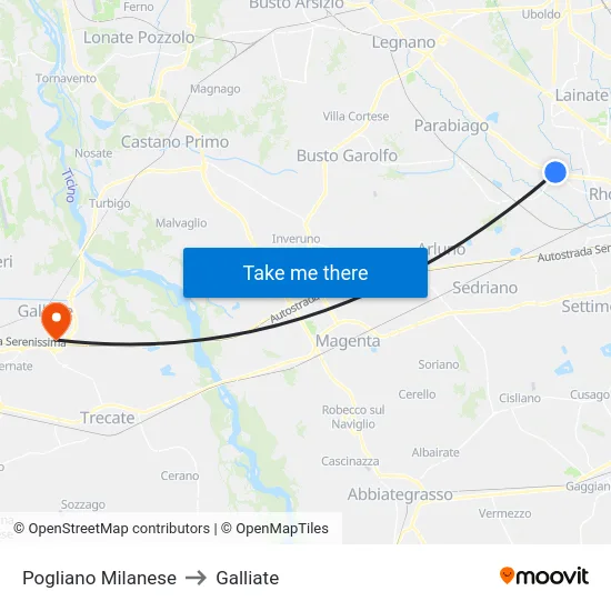 Pogliano Milanese to Galliate map